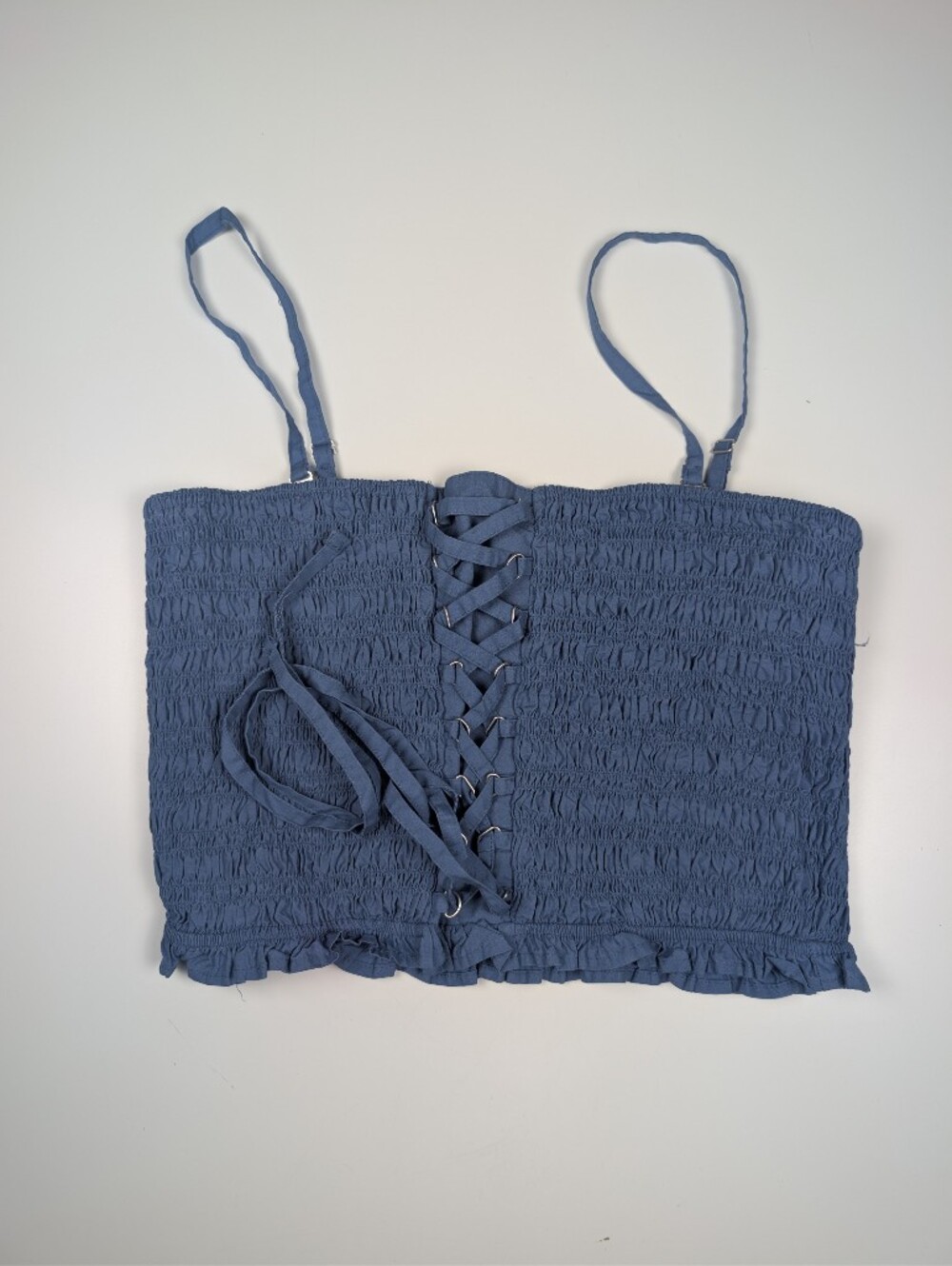American Eagle Women L Blue Smocked Lace Up Corset Crop Top Cami NWT Cottagecore